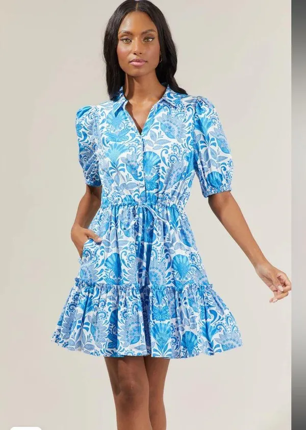 Women’s Sugarlips Biller Floral Stacie Button Down Mini Dress Blue Nautical M 🐟 - Image 2