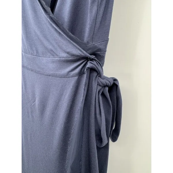 COTE FEMME Navy Blue Wrap Midi Dress Sz 14/16 V-Neck Sheer Trim Preppy Feminine - Image 6