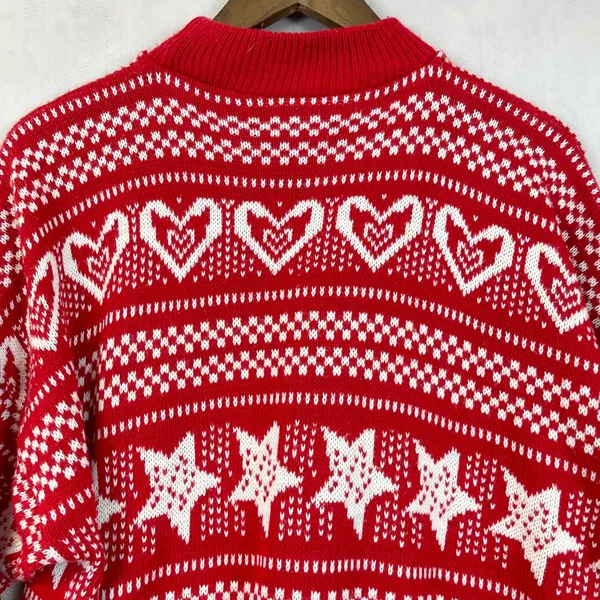 Vintage Fair Isle Sweater Womens M/L Hearts Stars Flowers Indie Nordic Cabin USA - Image 9