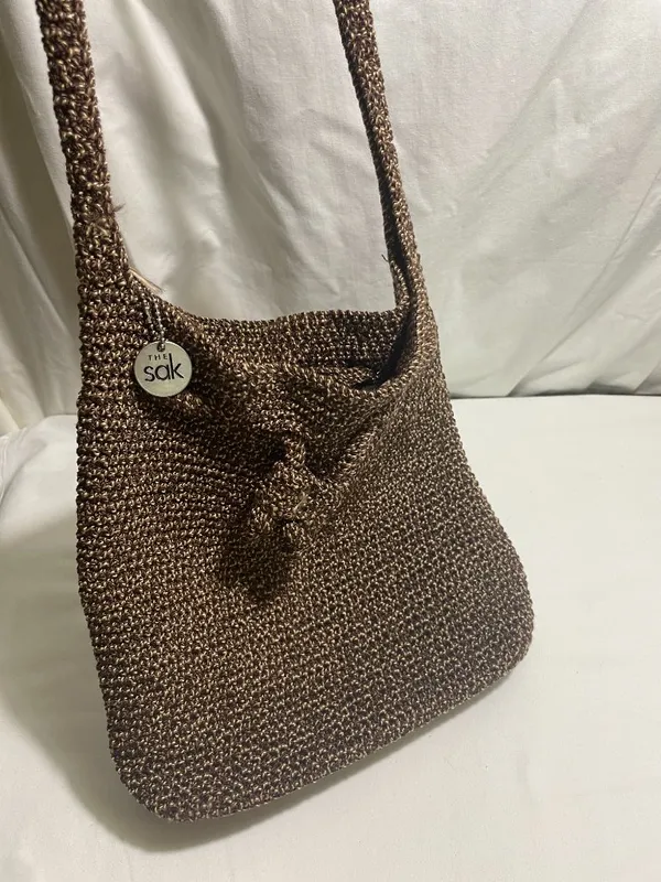 The Sak Brown Crochet Knit Drawstring Shoulder Bag Boho Slouch Hobo Purse - Image 2