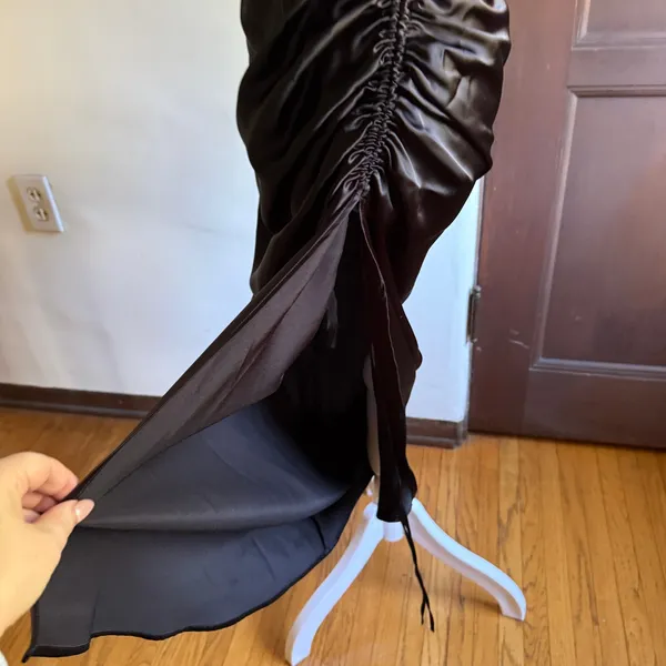 ZARA | Black Satin Corset Top Ruched Midi Skirt with Slit Cocktail Dress | Small - Image 3