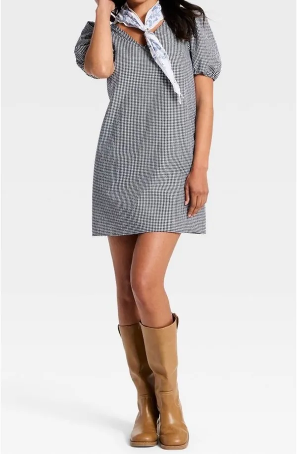 Puff Sleeve Mini A Line Dress Gingham - Image 3