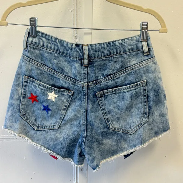 Refuge Patriotic Acid Wash Distressed American Flag Denim Shorts‎ Blue Sz 0 Star - Image 2