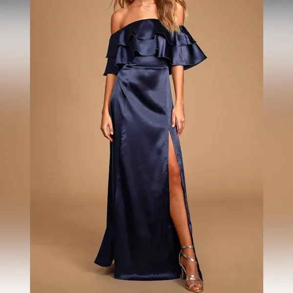 Lulus Pure Happiness Navy Blue Satin Off-the-Shoulder Maxi Dress - Image 2