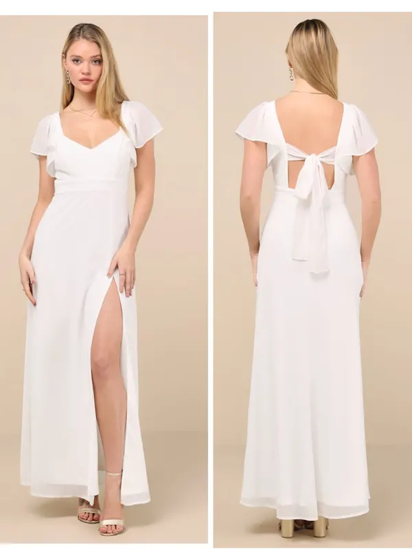 Lulus Simply Delightful White Tie-Back Flutter Sleeve Maxi Dress Size Small NWT - Image 2