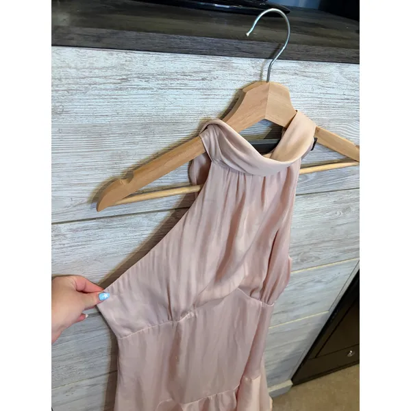 One and Only Collective Pink Satin Halter Mini Dress Ruffle Hem Open Back Size L - Image 5