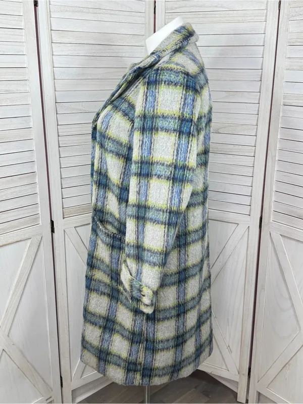 Cyrus Plaid Wool Blend Long Midi Overcoat Coat Grey Green Blue Large Winter - Image 2