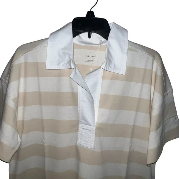 Everlane The Organic Cotton Polo Dress Short Sleeve Beige Striped‎ Size Medium - Image 4
