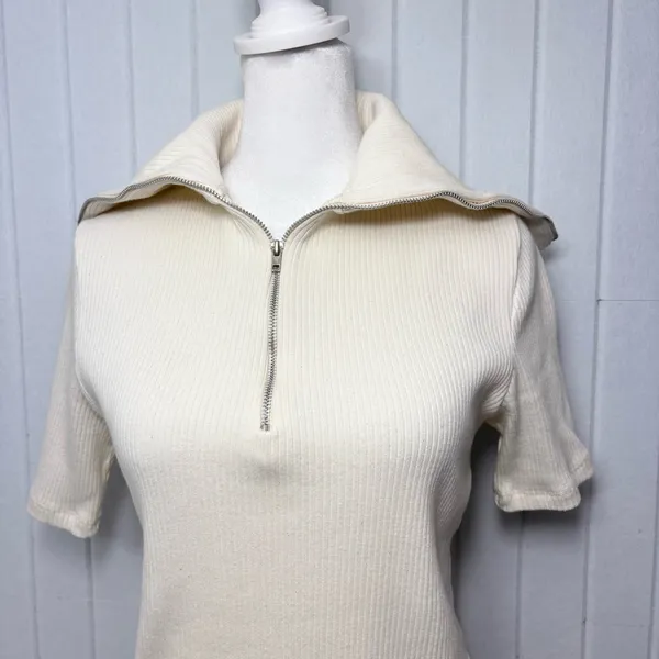 ZARA Sweater Dress Ivory Short Sleeves Quarter Zip Ribbed Knit Size Size M‎ - Image 10