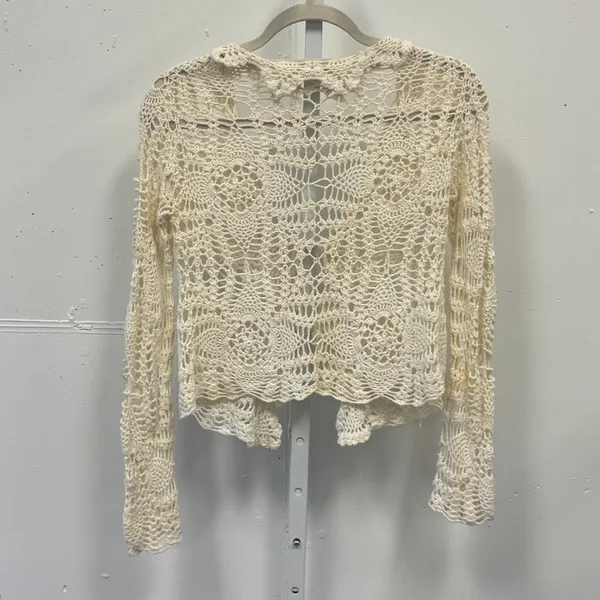 Y2K Coolwear USA Crochet Cardigan Cream Ramie Cotton Tie Front Boho Medium Boho - Image 2