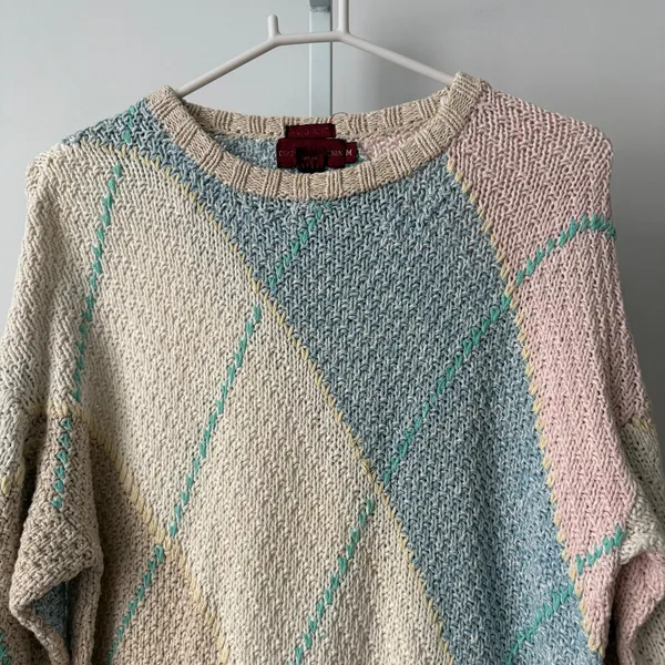 VTG‎ Chaps Ralph Lauren M Pastel Argyle Knit Sweater Linen Preppy Classic - Image 2