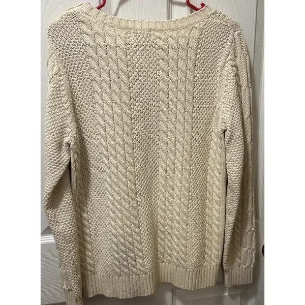 L L Bean Chunky Cable Knit Sweater Cream 3 Button Shoulder Cozycore Size Med. - Image 2