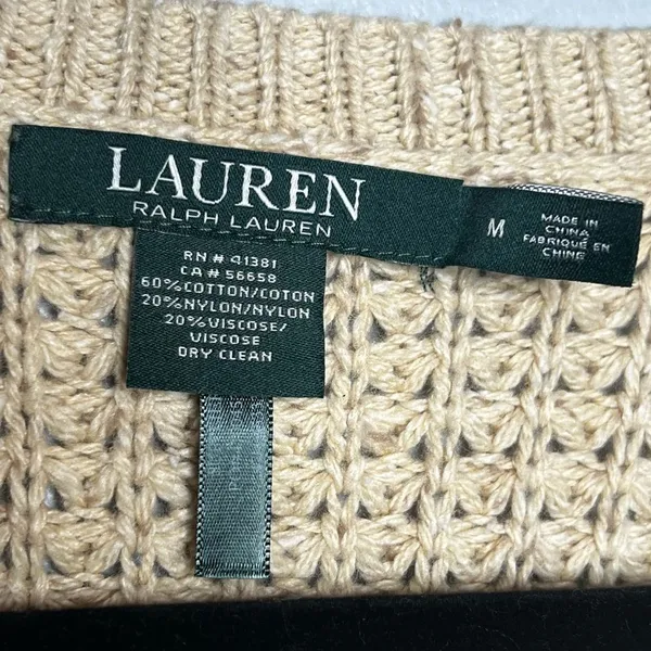Lauren Ralph Lauren Womens Knit Sweater Medium Tan Oversized Fisherman Coastal - Image 4