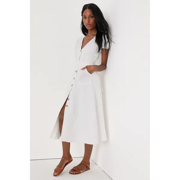 NWT Lulus Sicily Sweetheart White Button-Front Puff Sleeve Midi Dress Size S - Image 3