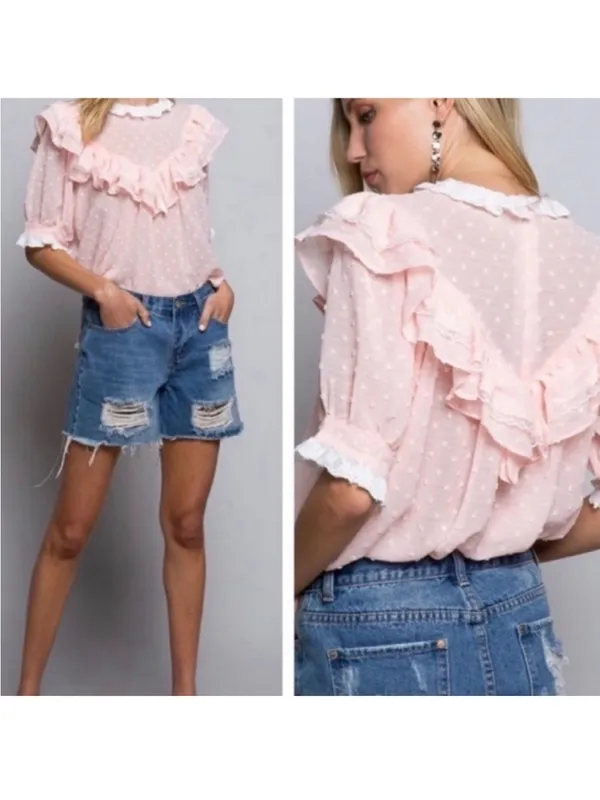 POL Pink Swiss Dot Ruffle Lace Blouse Size Large Cottagecore - Image 2