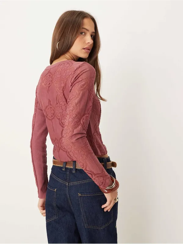 FREE PEOPLE Jae Knit Sheer Lace Long Sleeve Top Cardigan Cropped Y2K Boho XS - Image 16