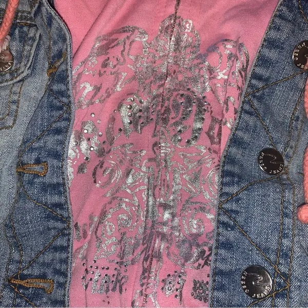 Y2k Mcbling twofer denim pink cropped hoodie jacket - Image 4