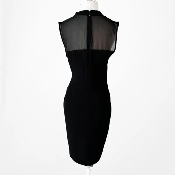 Vintage Y2K Black Sleeveless Bow Tie Knee Length Mesh Bodycon Cocktail Dress M - Image 6
