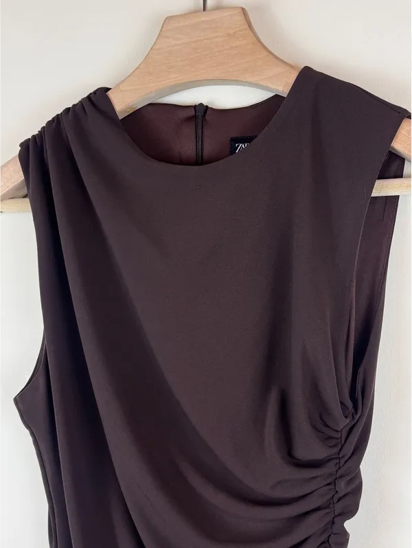 Zara Chocolate Brown Ruched Draped Sleeveless Bodycon Mini Dress Size L - Image 4