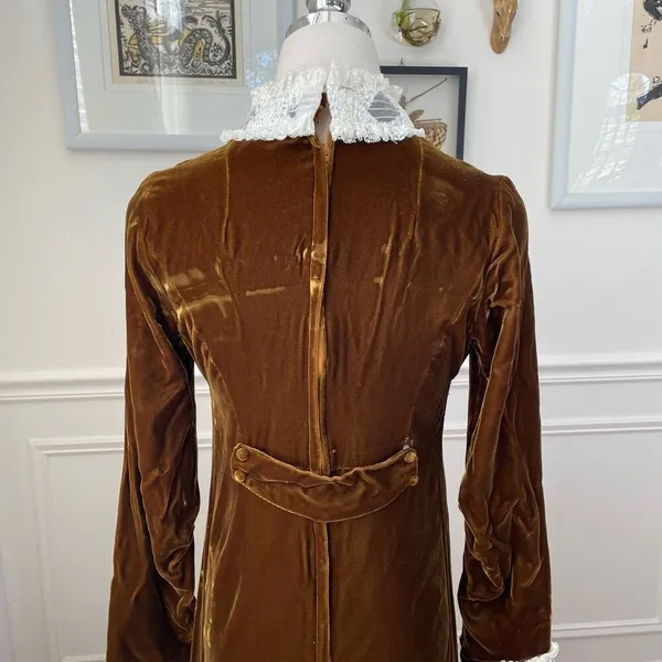 Vintage 70s Brown Velvet Maxi Dress Lace Collar Cuff XS - Image 7