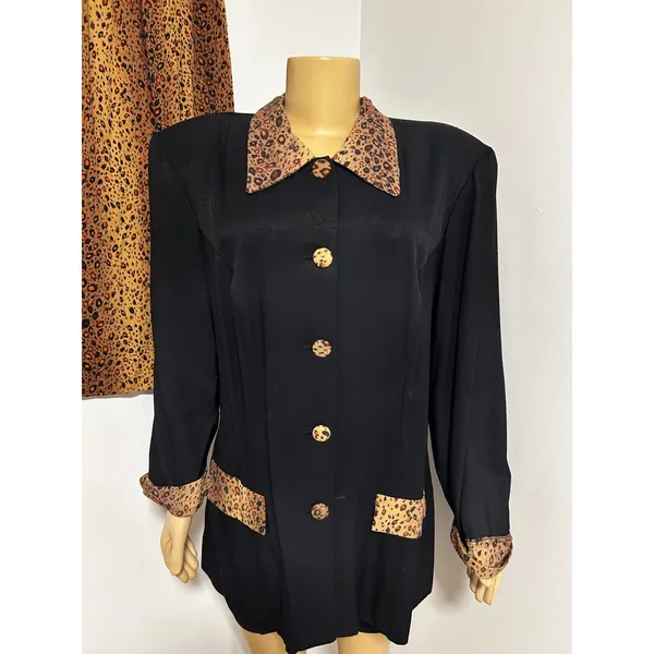 Vintage 90s Leopard Print 2 Piece Skirt Suit Set Black Rayon Blazer Midi Skirt - Image 2