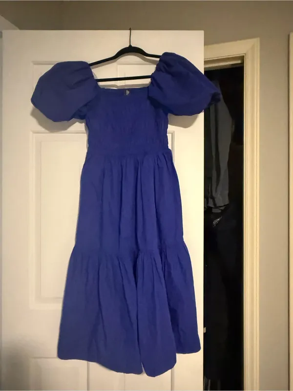 Vince Camuto Royal Blue Smocked Puff Sleeve Midi Dress - Image 2