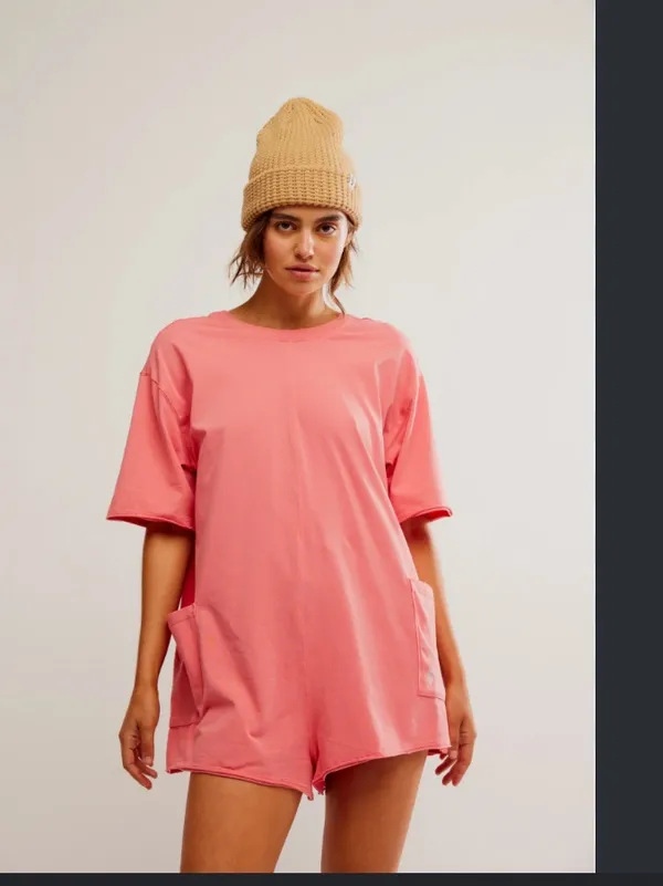 Hot pink free people movement tee romper v neck fall active nwot casual - Image 3
