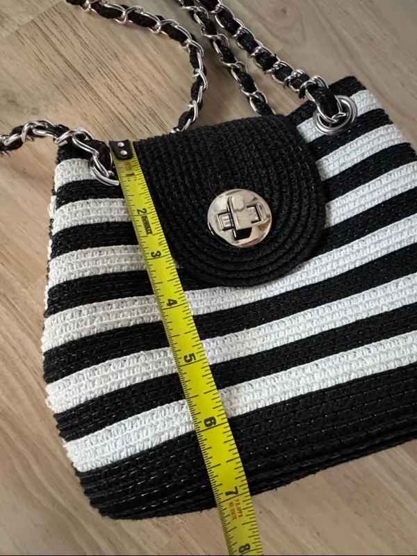 Striped Black and Cream Shoulder Bag with Chain Strap Black - Image 4