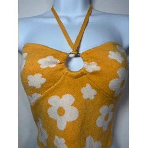 Pretty Garbage Floral‎ Halter Sweater Top Large Yellow Daisy Knit Retro Festival - Image 3