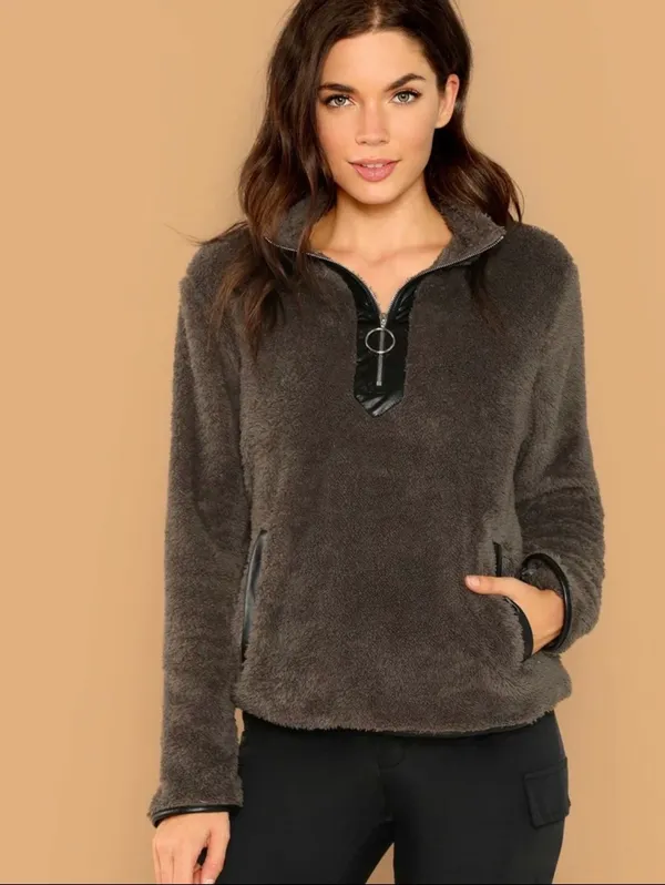 SheIn Brown Teddy Pullover With Black Pleather Lining - Image 5
