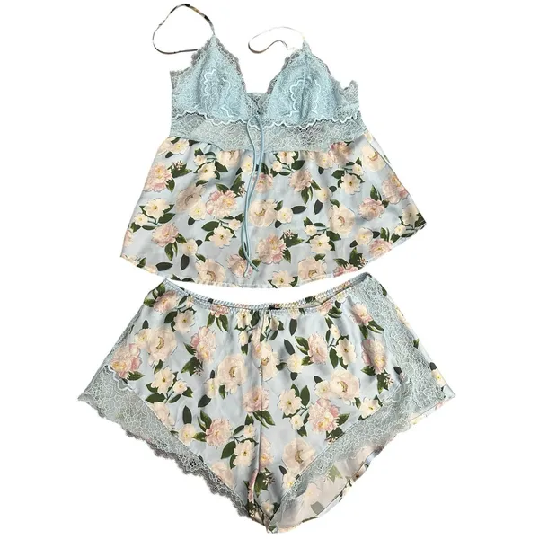 VICTORIA'S SECRET Blue LACE SATIN CAMI Pajama Babydoll S Lounge SET FLORAL I19-1 - Image 3