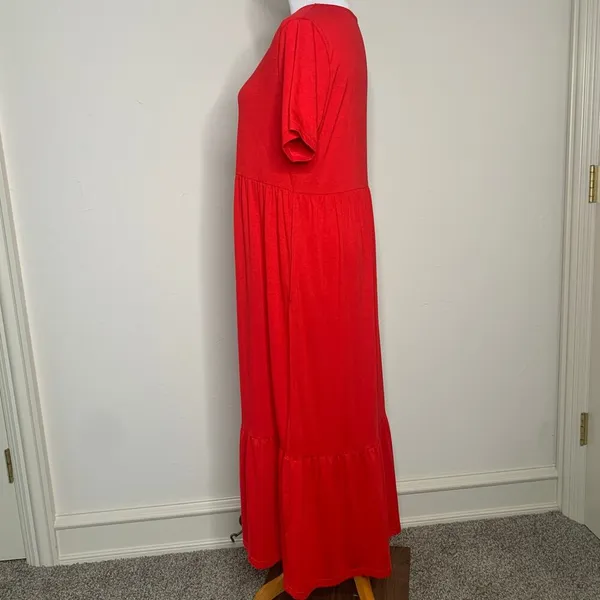 Red Babydoll Tiered Ruffle T Shirt Dress Pockets Sz Large? - Image 3