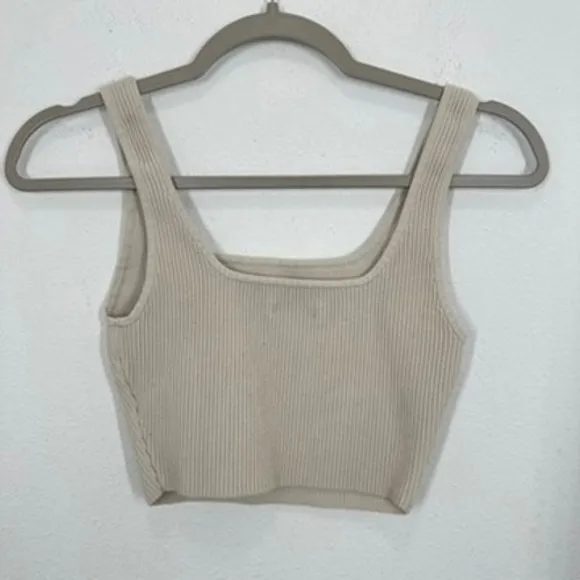Babaton Ribbed Knit Square Neck Tank Top Sleeveless Crop Top Beige‎ Loungewear - Image 6