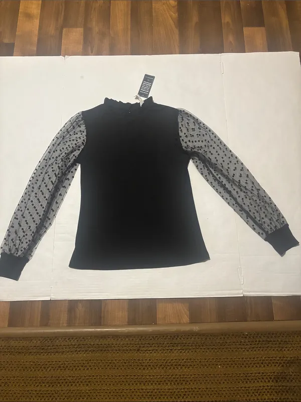 Blooming Jelly Black Ruffle Neck Polka Dot Mesh Sleeve Top S Dopamine Preppy Lux - Image 4