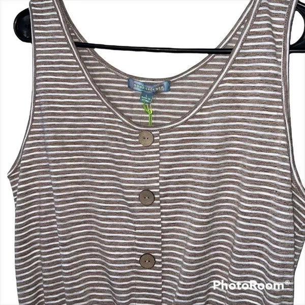 Good Luck Gem Versona large womens soft taupe striped shorts romper sleeveless - Image 2