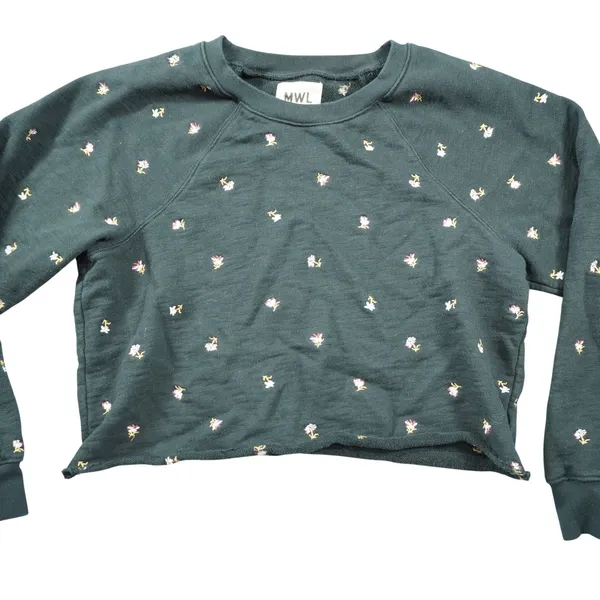 Madewell MWL Size Medium Black Floral Embroidered Cropped Sweatshirt Cozy‎ Dorm - Image 2