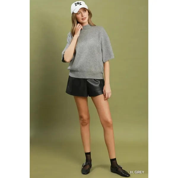Umgee Mock Neck Short‎ Sleeve Knit Sweater Top - H. Grey - medium - Image 5