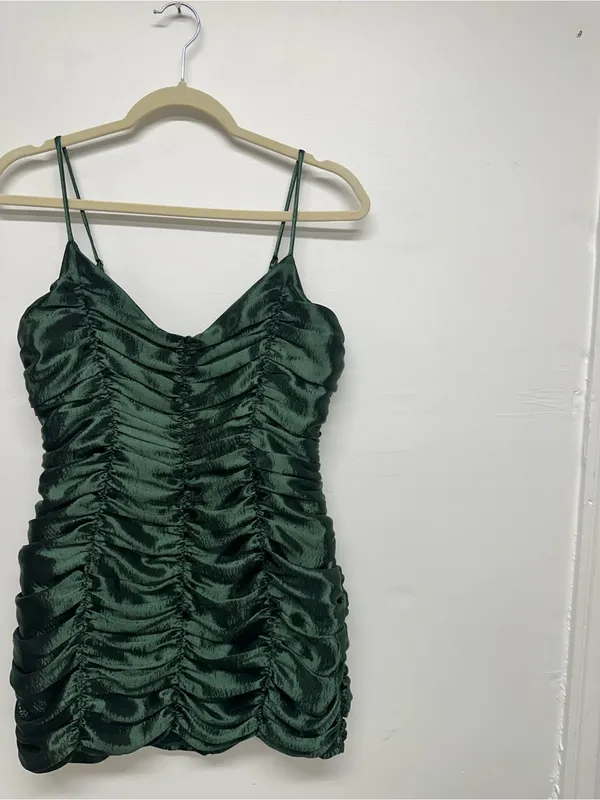 Lucy in the Sky Satin Ruched Dress in Deep Green - Image 5