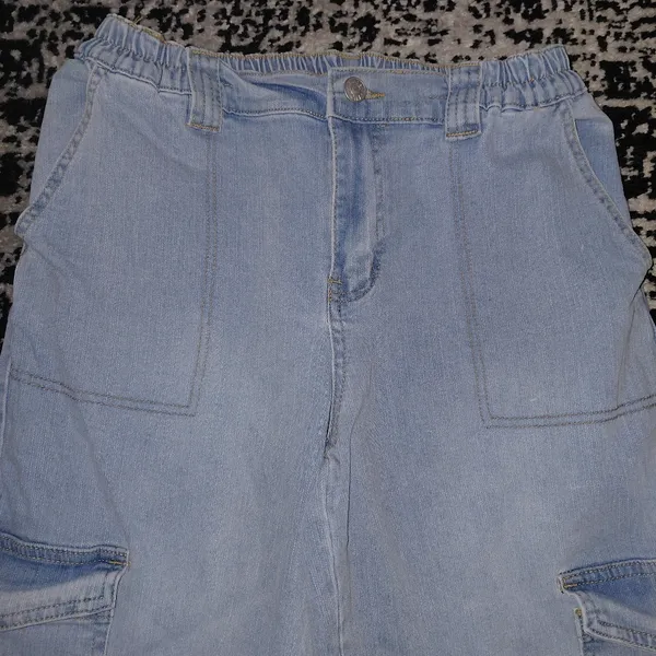 Madden Girl Blue Denim Cargo Jeans Medium Y2K Baggy Wide Leg Cyber - Image 8