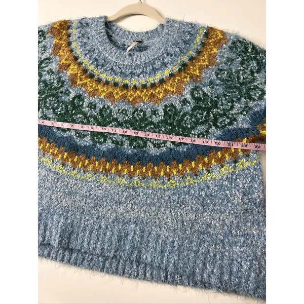 Free People Festive Frost Fair Isle Fuzzy Sweater Small Blue Green Oversized - Image 9
