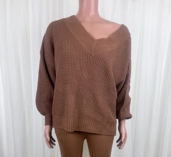 New Women's Zenana Plus Size V-Neck Off The Shoulder Waffle Knit Sweater Camel / Light Brown Sz 1X - Image 4