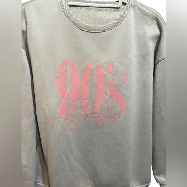 SheIn 90’s Babe Graphic Sweatshirt Beige‎ Pink Retro Pullover Sz L Y2K Cozy Oversized - Image 5