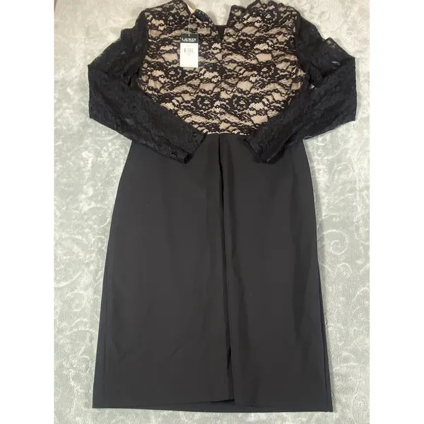 Ralph Lauren Cocktail Dress Women‎ 12 Keanu Lace Inset Long Slv Black Formal NWT - Image 11