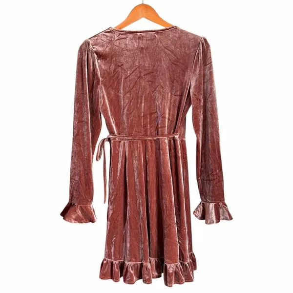 IVIVI Velvet Wrap Mini Dress Women S Dusty Rose Pink Ruffle Long Sleeve NWT - Image 3