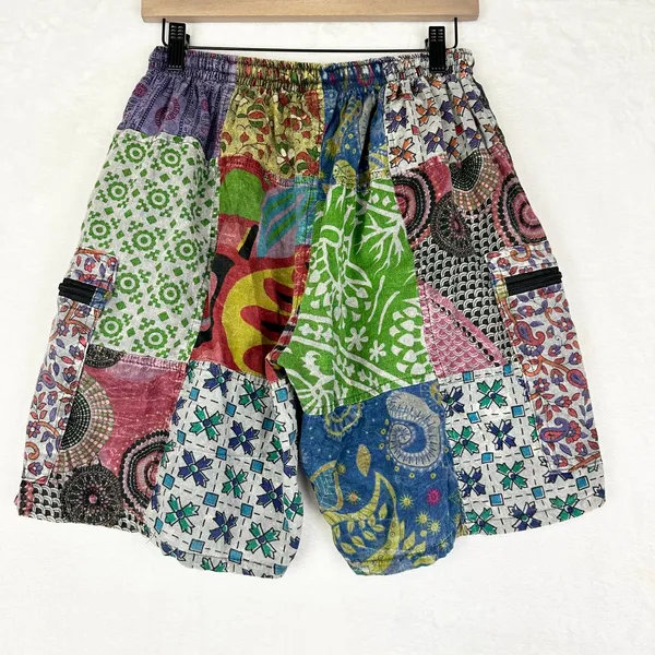 Blue Gecko Patchwork Shorts Size S/M Hippie Boho Cotton Cargo Pockets Festival - Image 2