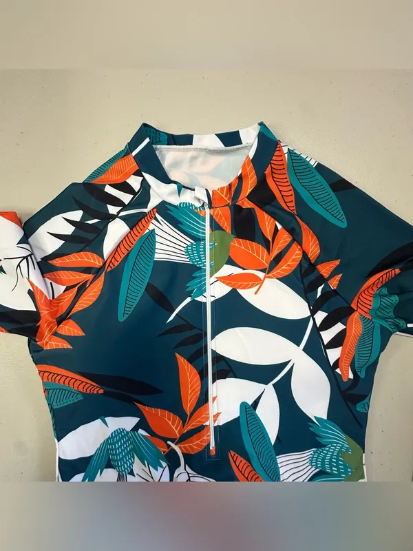 Long-Sleeve Teal Floral One-Piece Swim Suit with Front Zip Size L - Image 4