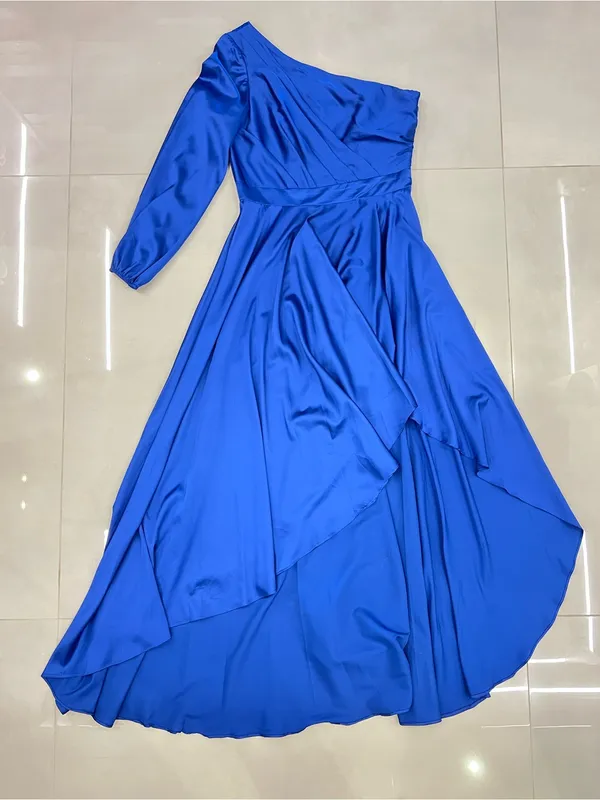 IEENA MAC DUGGAL Dark Blue Long Sleeve One Shoulder Satin High Low A-line Gown - Image 4