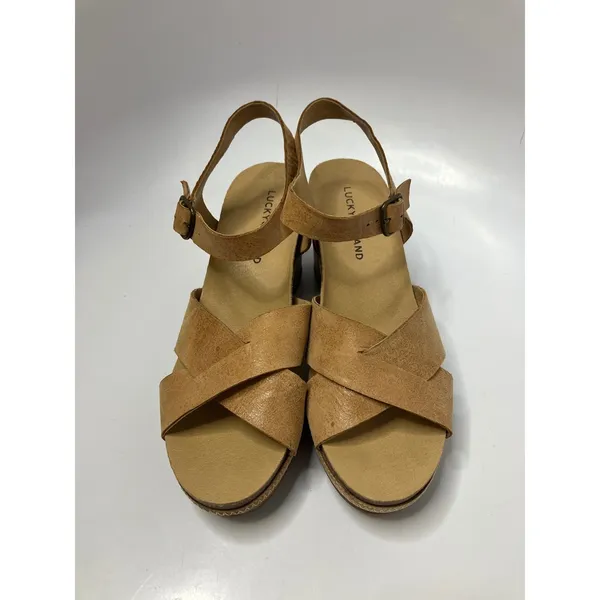 Lucky Brand Harvia tan leather heeled sandals‎ platform women size 8 boho casual - Image 3