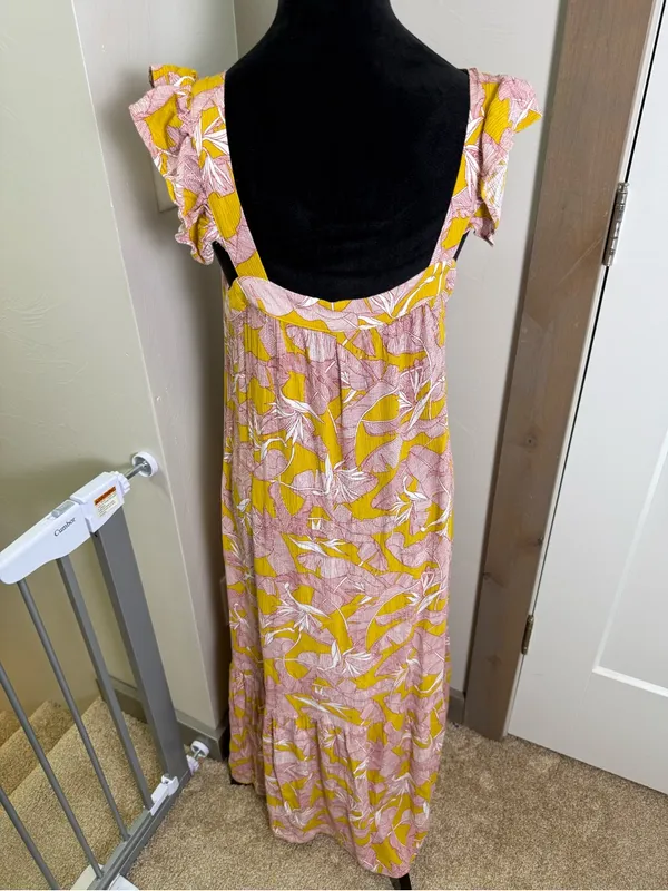 Knox Rose Square Neck Flutter Cap Sleeve Maxi‎ Dress Yellow Pink Floral Tropical - Image 8