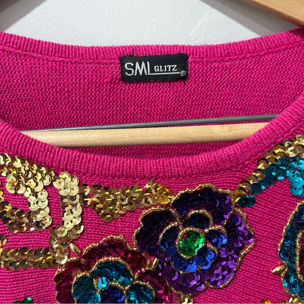 Vintage SML Glitz 80s Pink Knit Sequin‎ Funky Cotton Blend Sweater sz XL. - Image 3